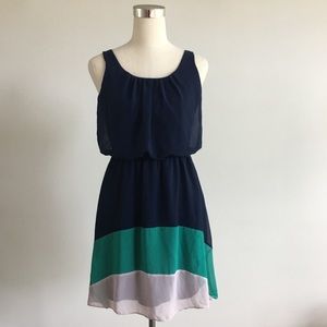 Navy Blue Chiffon Sleeveless Colorblock Slip Dress